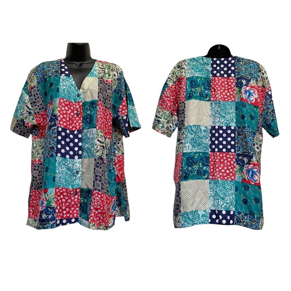 Vintage Silk Exchange Patchwork Print Boho Silk Button Front Blouse Sz M NWT
